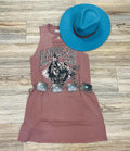 WOMEN’S ROCK & ROLL BROWN GRAPHIC MUSCLE TEE DRESS |BWD0R06464