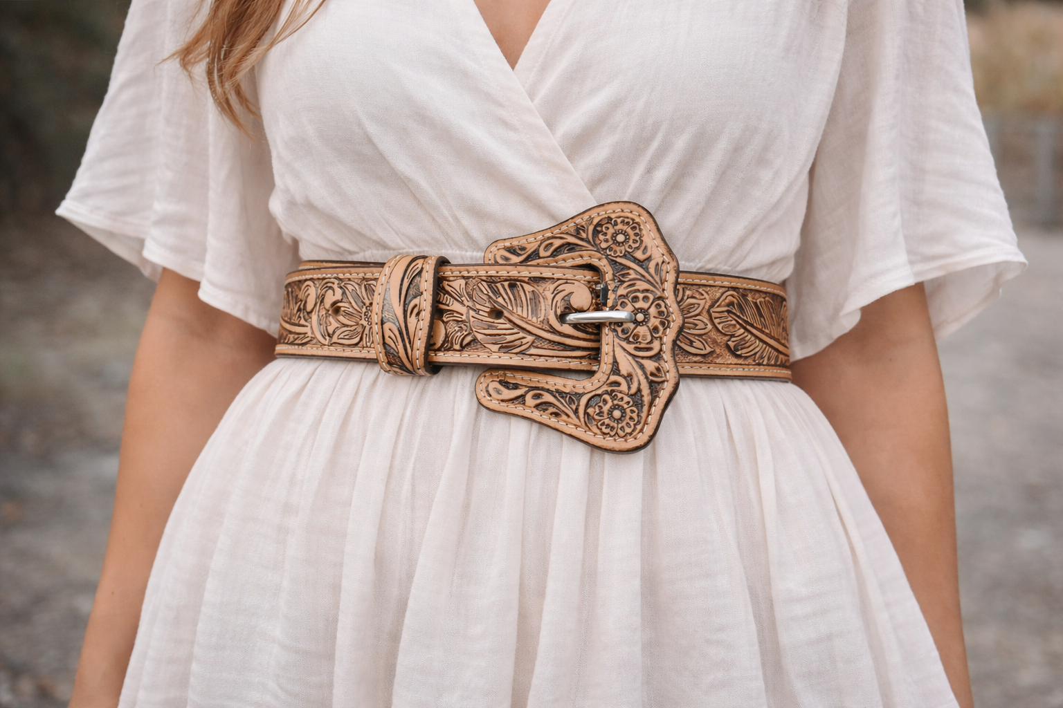 Kelly  Women’s Hand-Tooled Leather Belt – Light Brown