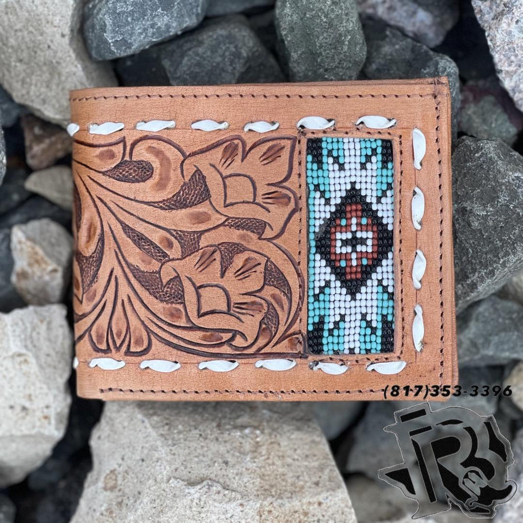 “ OSCAR  “ | IRON SPUR WESTERN CO. MEN BI FOLD WESTERN TOOLED LEATHER WALLET BEADED TURQUOISE