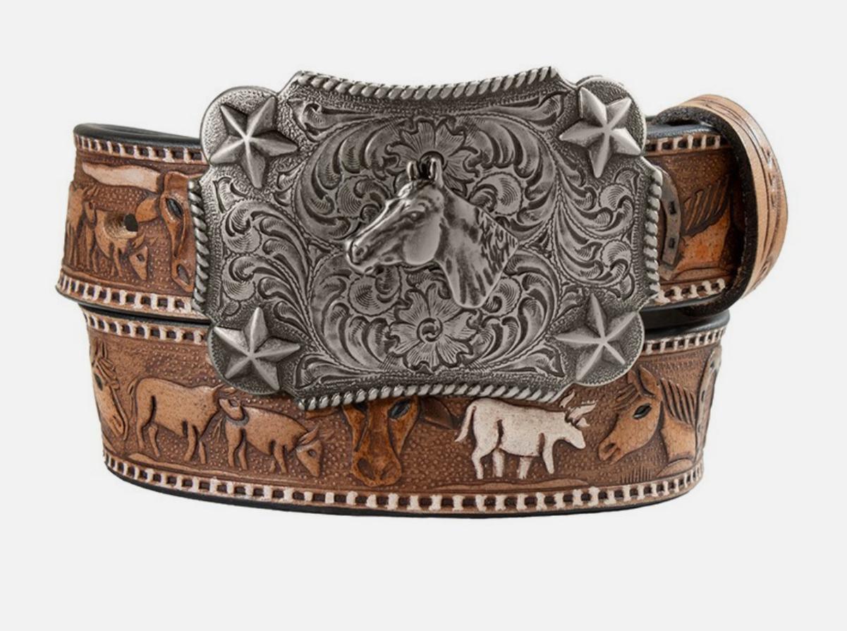 Nocona Western Belt Girls Longhorns Horses Leather Brown |N4444402