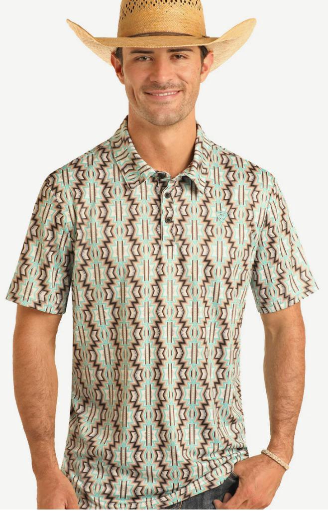 MENS ROCK & ROLL TAUPE AZTEC PRINTED POLO | BM51T03967