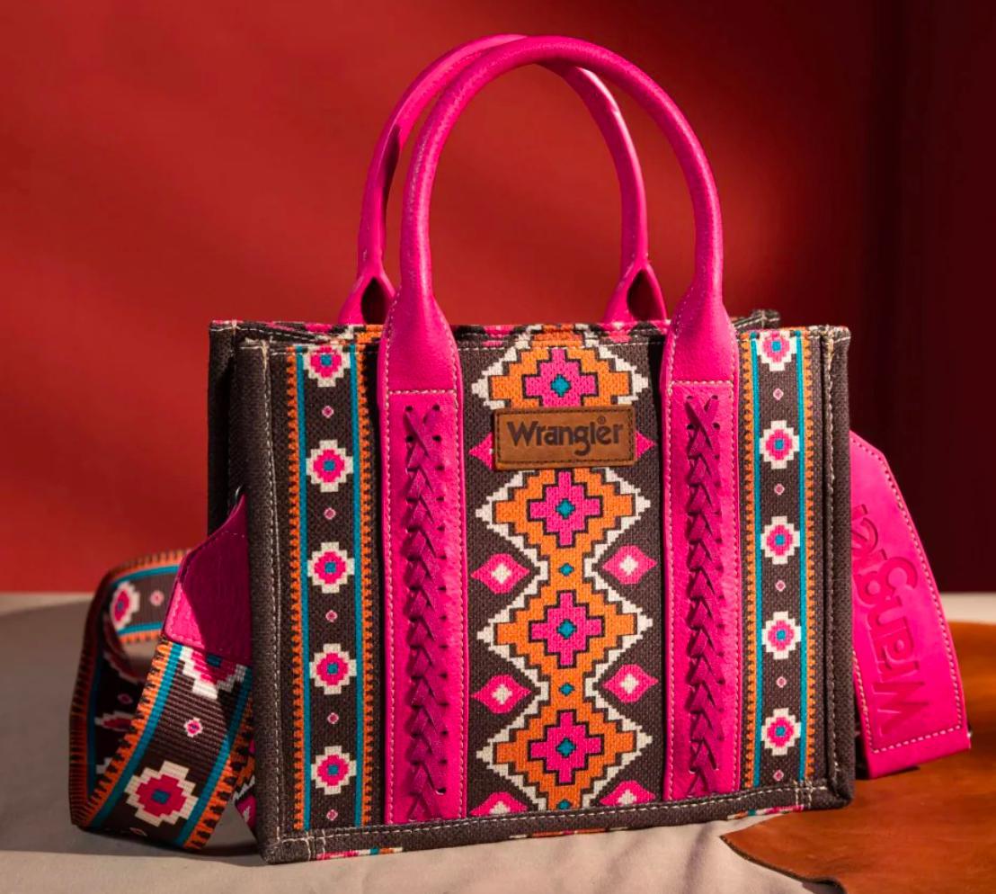 WG2203-8120S Wrangler Southwestern Print Small Canvas Tote/Crossbody - Hot Pink