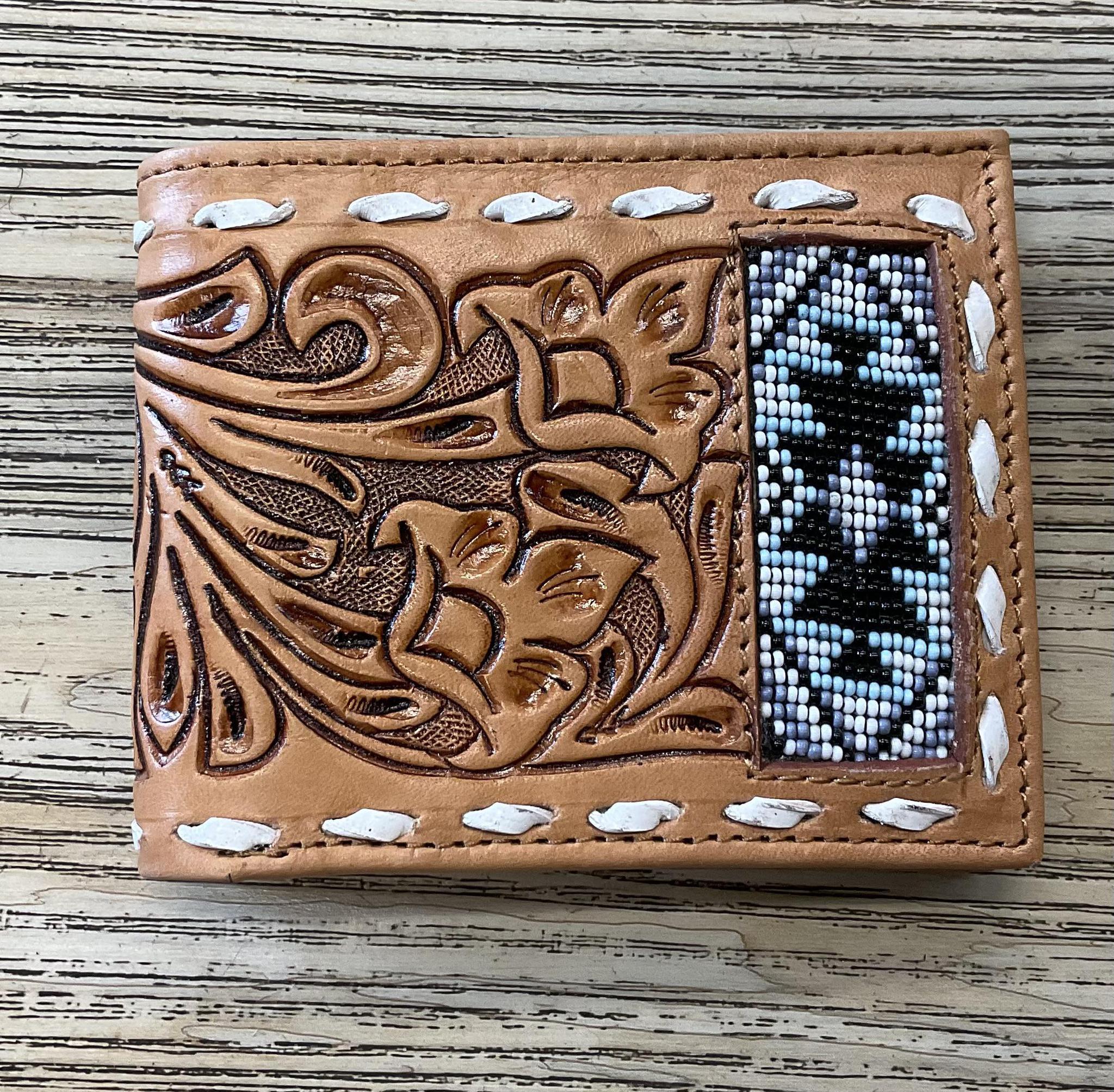 “ LUKA  “ |IRON SPUR WETERN CO. MEN BI FOLD WESTERN TOOLED LEATHER WALLET BEADED