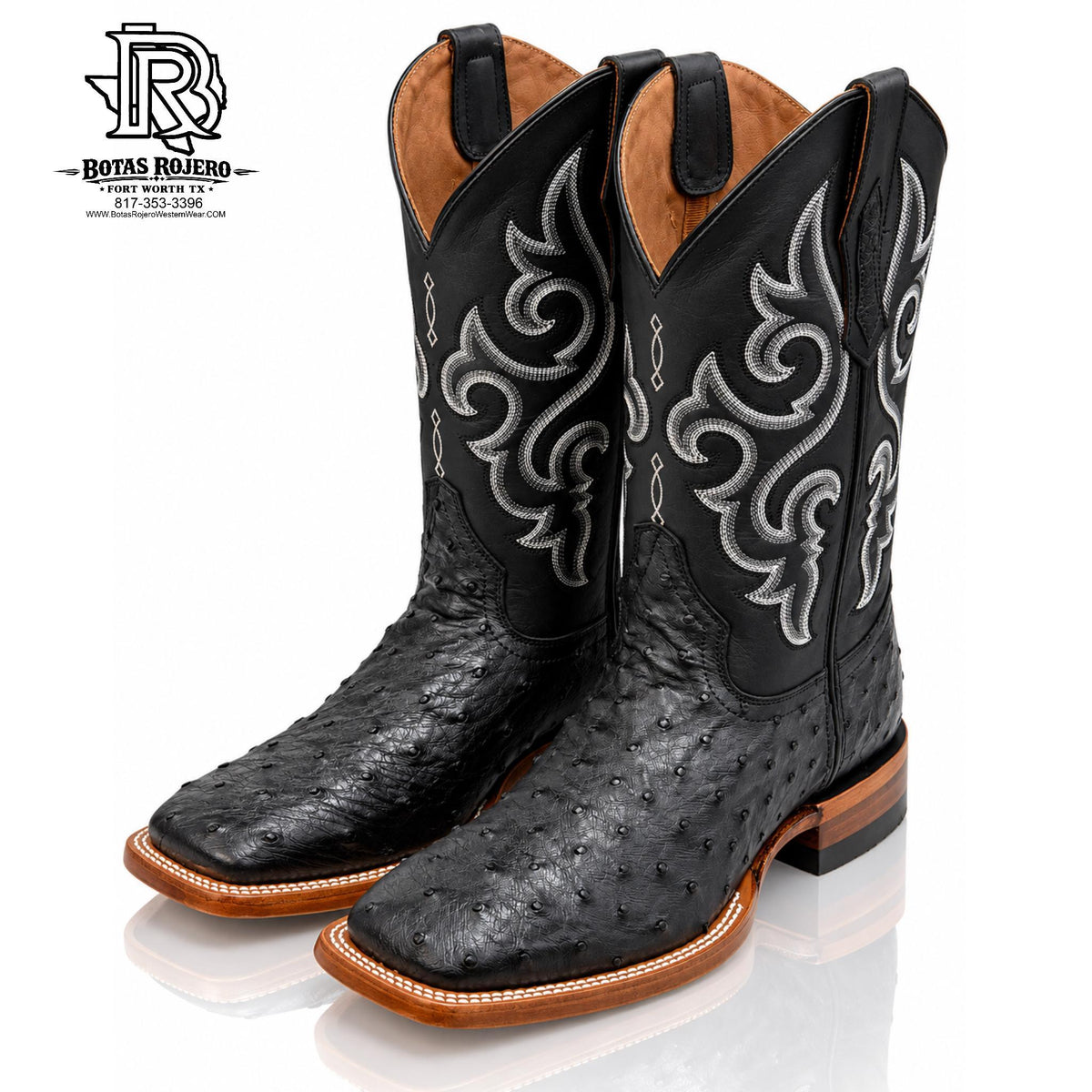 " JASON " | BLACK OSTRICH ORIGINAL SQUARE TOE WESTERN BOOTS HANDMADE