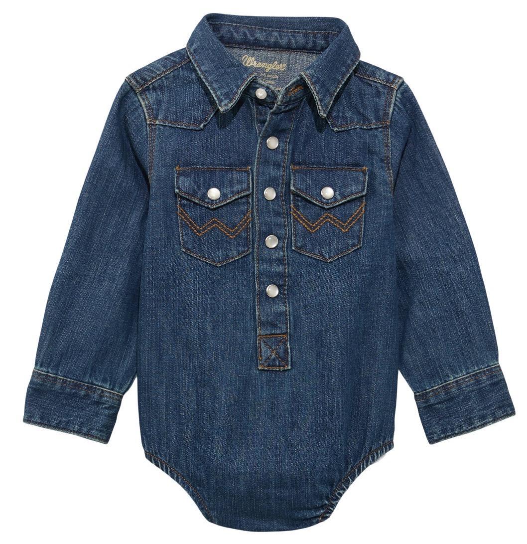 Wrangler Baby Unisex Western Long Sleeve Dark Blue Denim Bodysuit |10PQ4165D