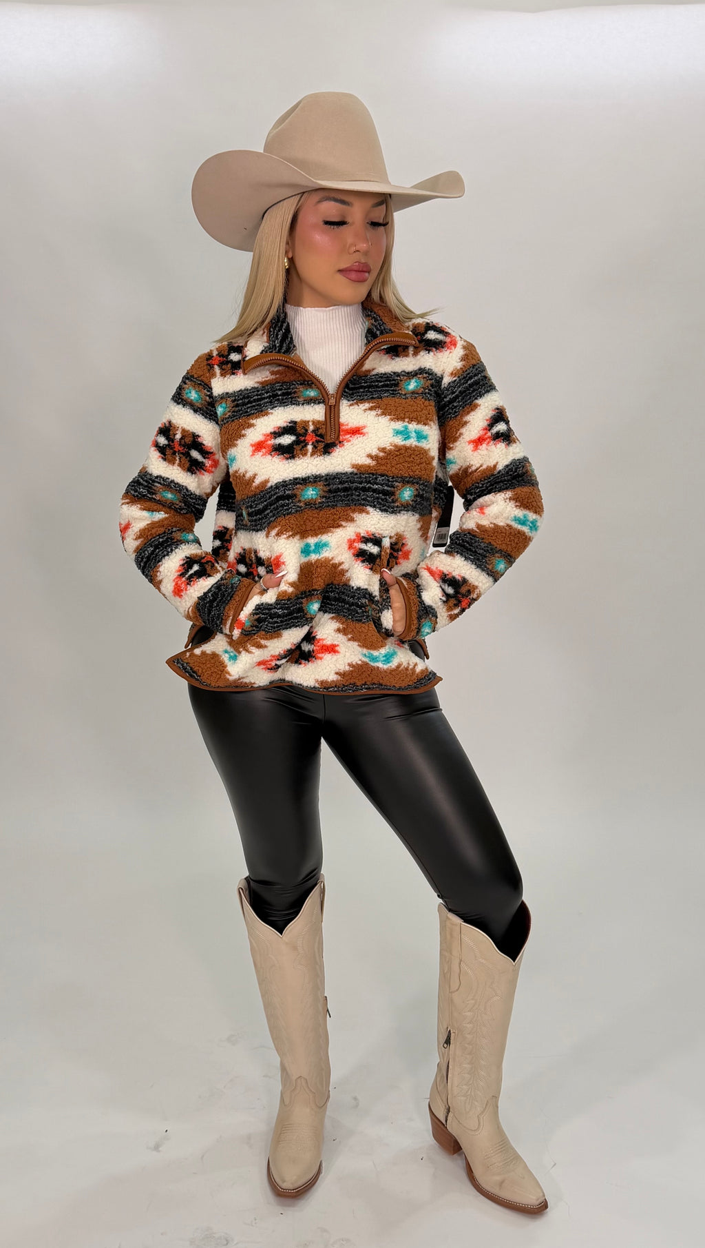 WOMEN'S WRANGLER RETRO SOUTHWESTERN PRINT QUARTER-ZIP SHERPA PULLOVER IN ARGAN OIL | 112335659