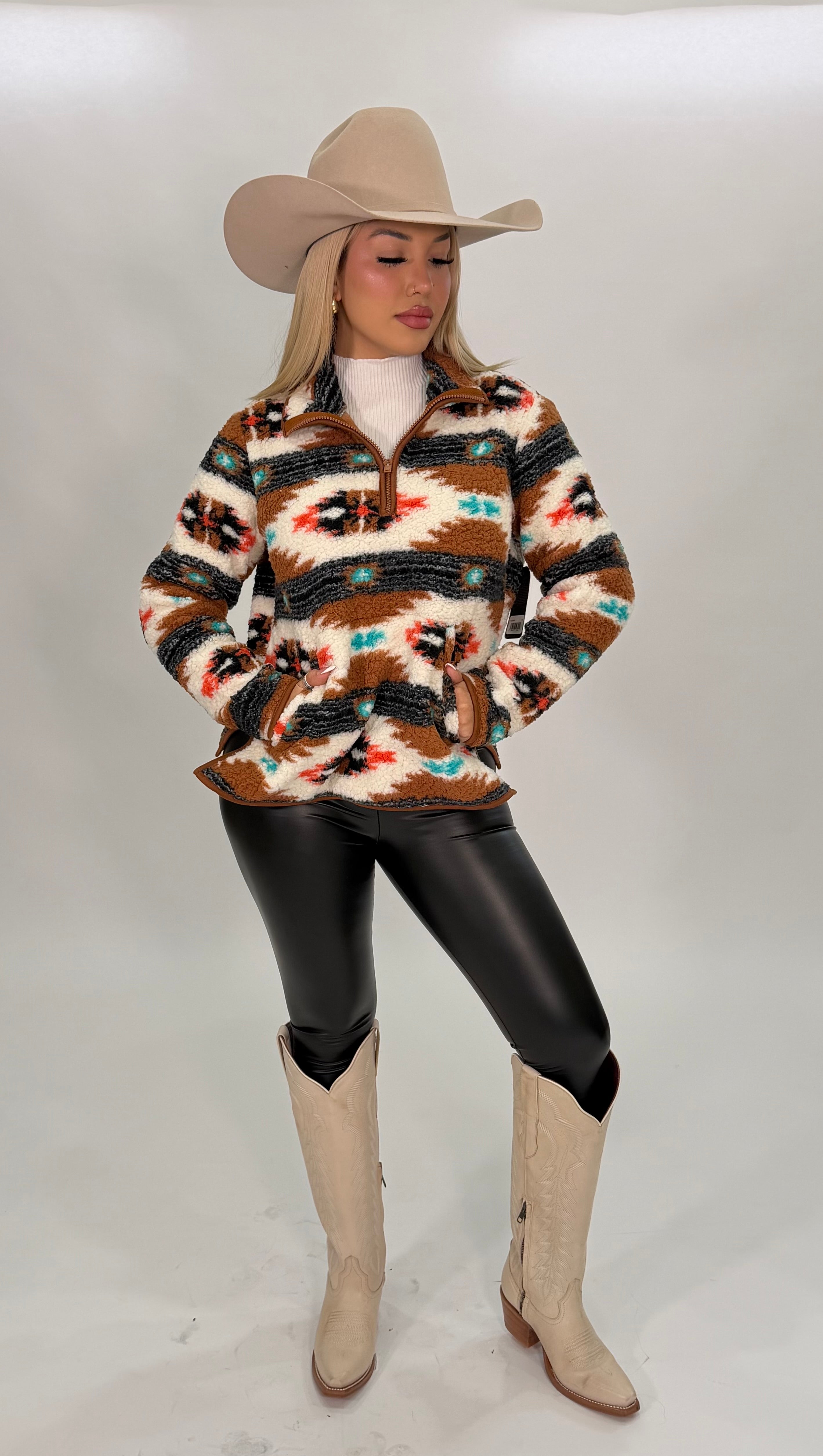 WOMEN'S WRANGLER RETRO SOUTHWESTERN PRINT QUARTER-ZIP SHERPA PULLOVER IN ARGAN OIL | 112335659