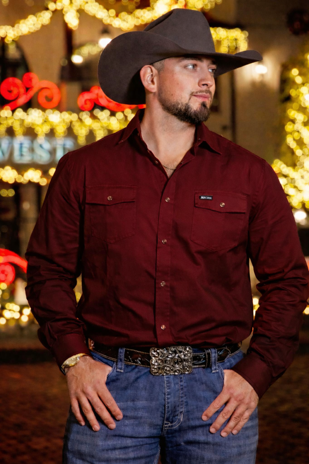 IRON SPUR | MEN WESTERN SHIRT MAROON LONG SLEEVE PEARL SNAP