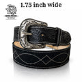 ‘’Black Rough Out ’’ | 1.75 INCH MEN WESTERN BELT  TOOLED BLACK LEATHER BY IRON SPUR DIAMOND STITCHING