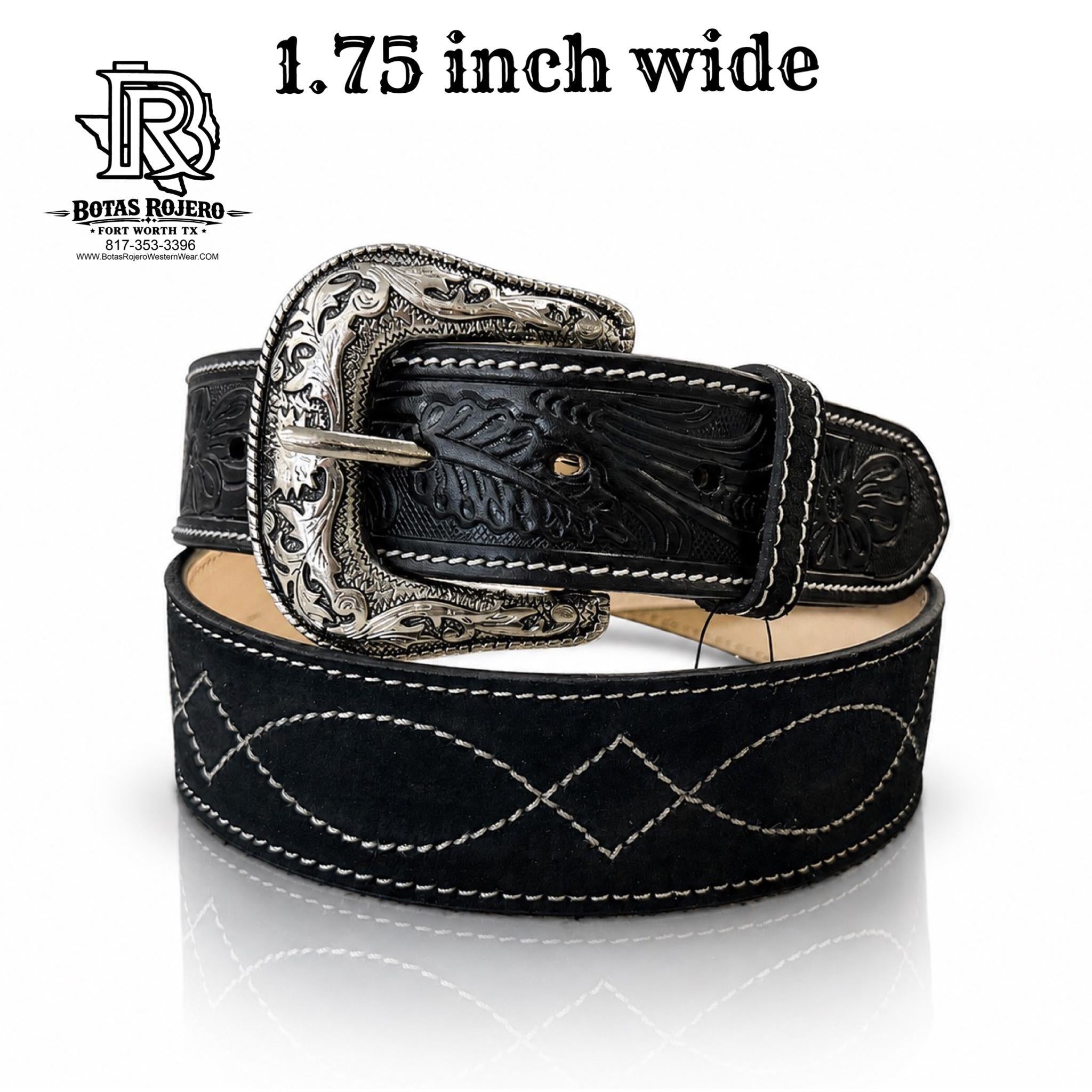 ‘’Black Rough Out ’’ | 1.75 INCH MEN WESTERN BELT  TOOLED BLACK LEATHER BY IRON SPUR DIAMOND STITCHING