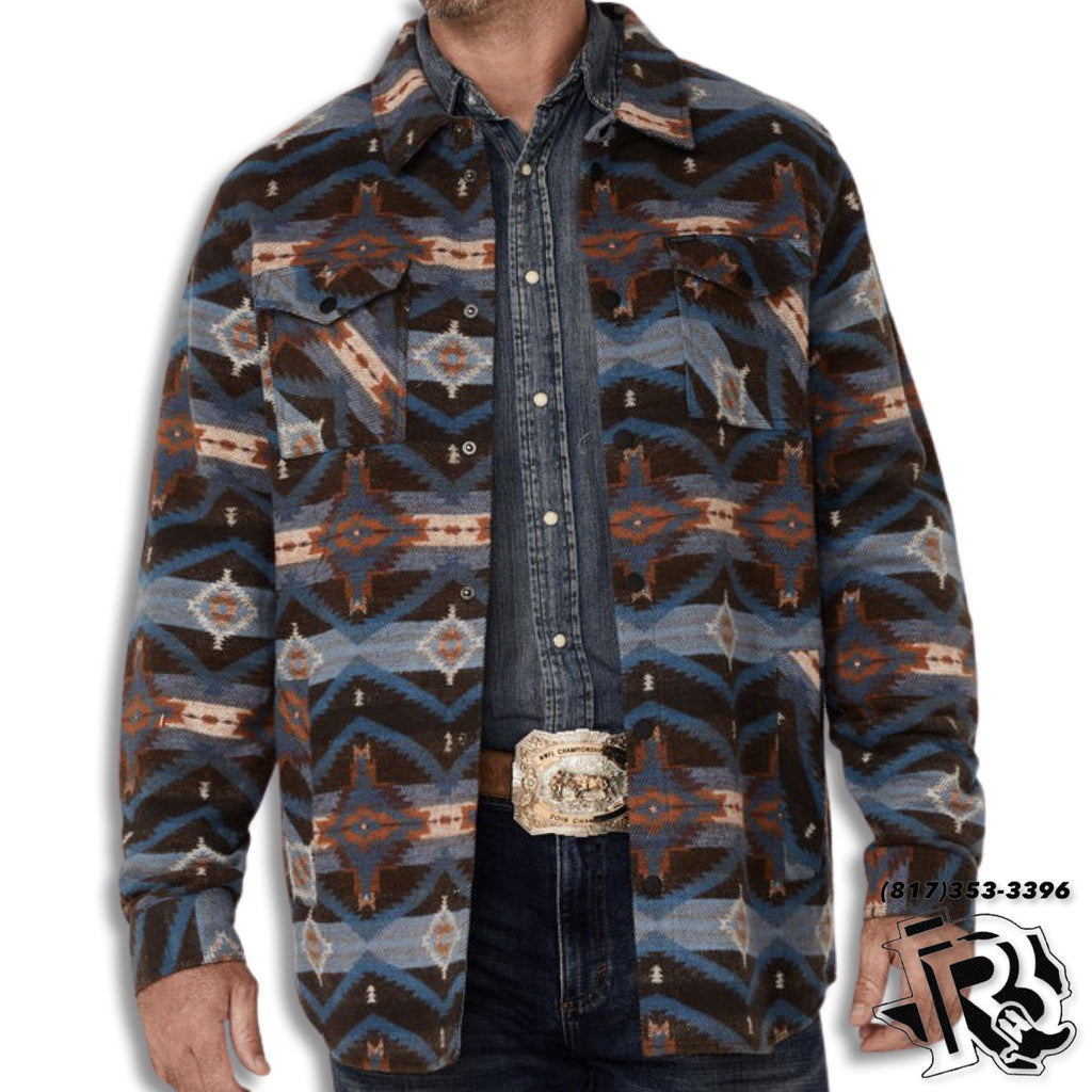 BLUE AZTEC | ROCK & ROLL JACQUARD AZTEC PRINT SNAP-DOWN SHIRT JACKET
