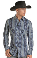 ROCK & ROLL MENS AZTEC PRINT LONG SLEEVE BLUE SNAP SHIRT |BMN2S02517