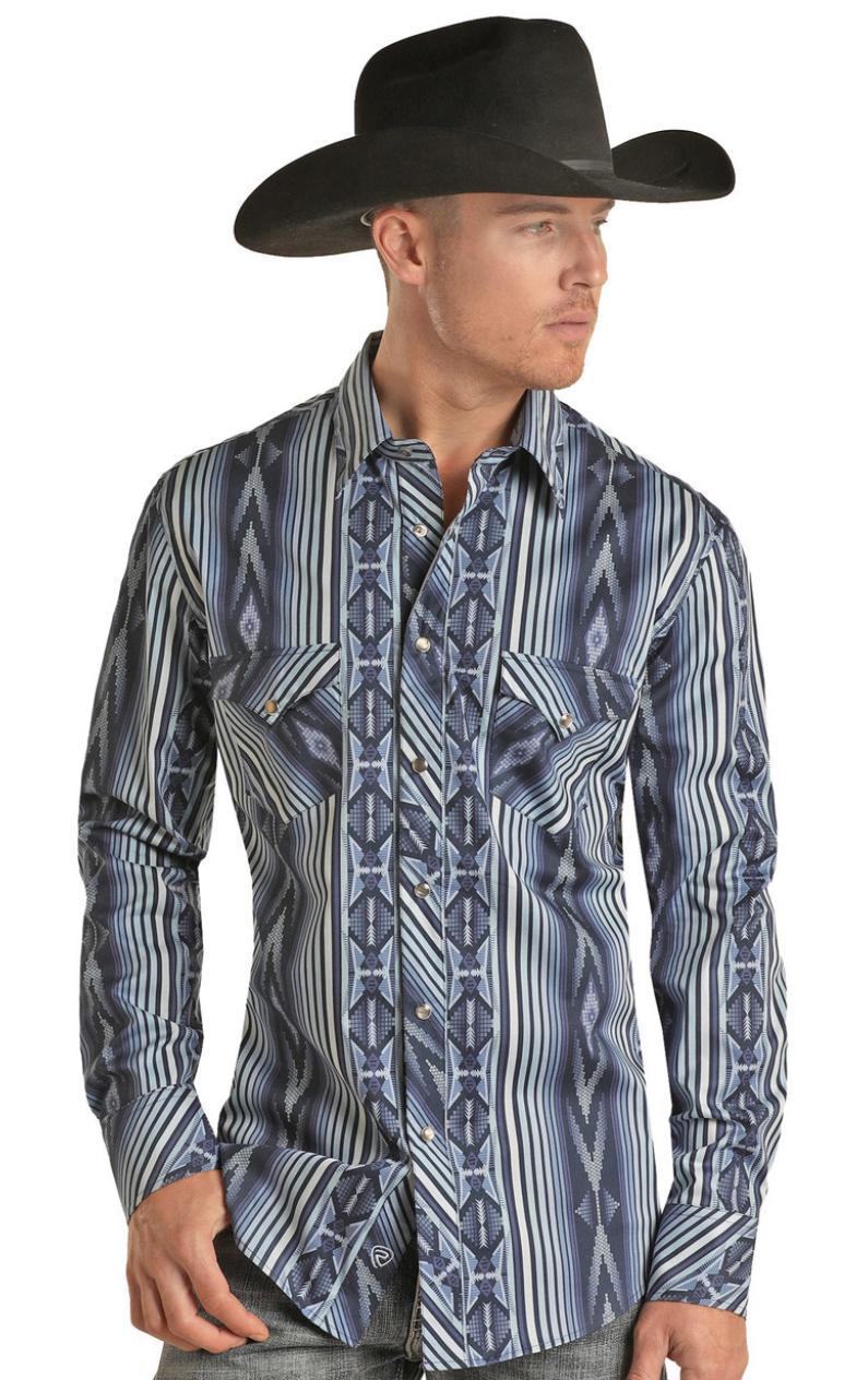ROCK & ROLL MENS AZTEC PRINT LONG SLEEVE BLUE SNAP SHIRT |BMN2S02517
