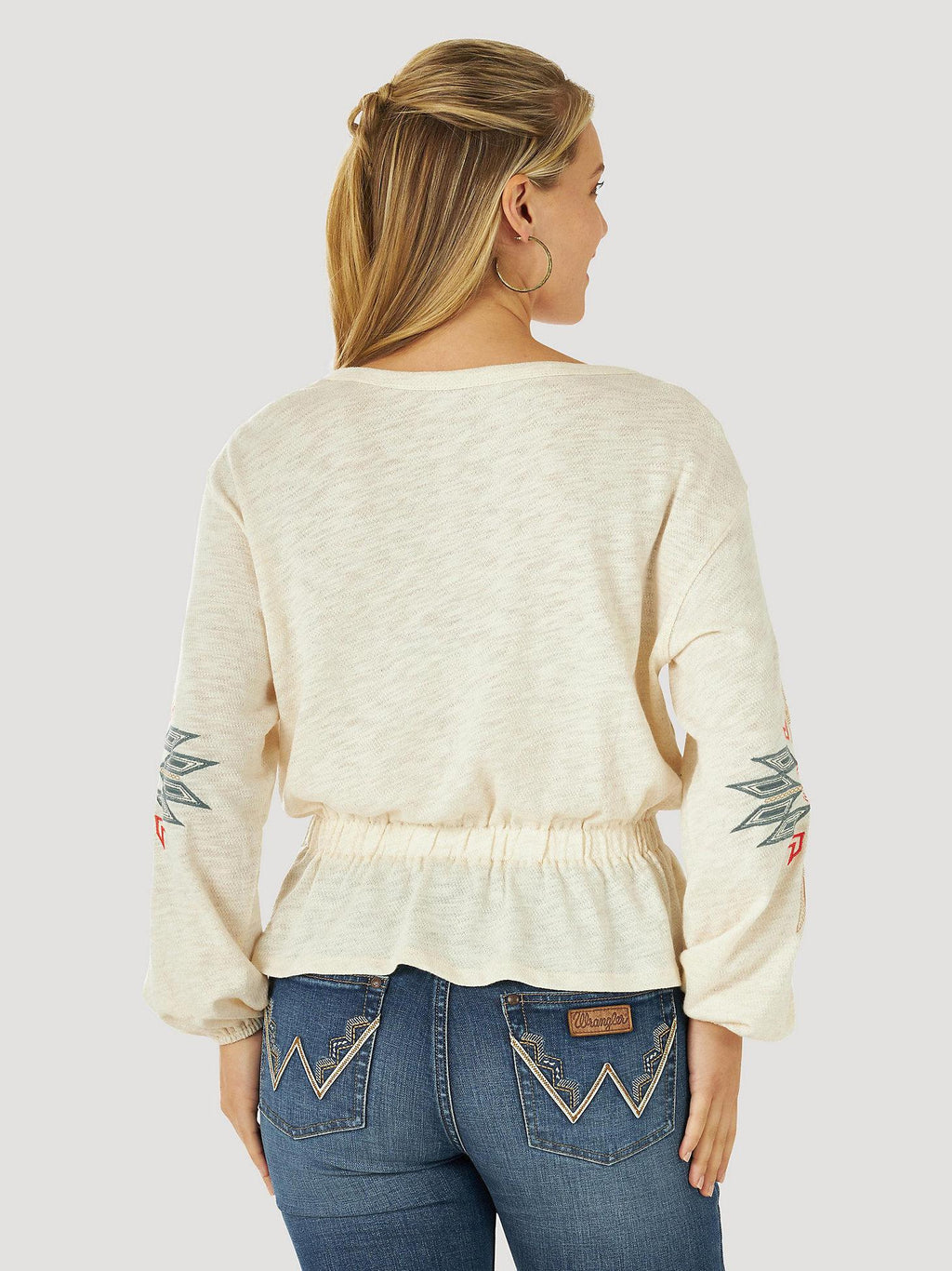 WOMAN'S WRANGLER RETRO GATHERED WAIST EMBROIDERED SLEEVE TOP OAT MEAL HEATHER |112317752