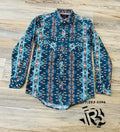 Mens long sleeve 2pkt Aztec woven snap turquoise shirt | BMN2S02151