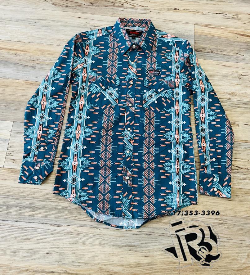 Mens long sleeve 2pkt Aztec woven snap turquoise shirt | BMN2S02151