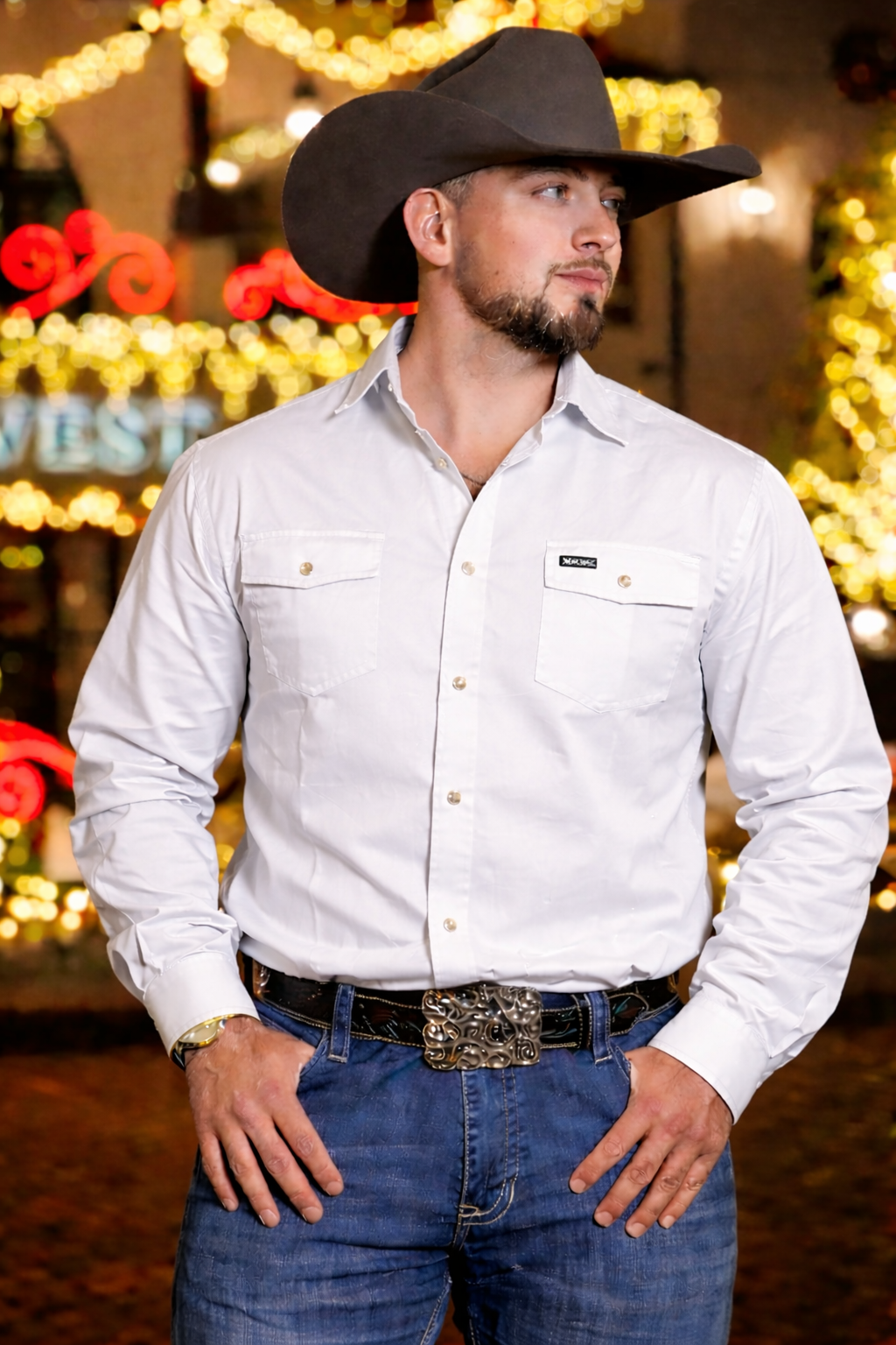 IRON SPUR | MEN WESTERN SHIRT WHITE LONG SLEEVE PEARL SNAP