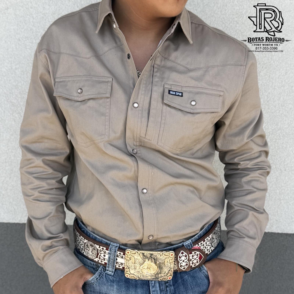 IRON SPUR | MEN WESTERN SHIRT KHAKI LONG SLEEVE PEARL SNAP