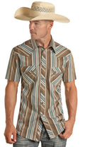 MENS ROCK & ROLL SHORT  MODERN FIT SLEEVE STRIPE DARK BROWN SHIRT | BMN3S03372