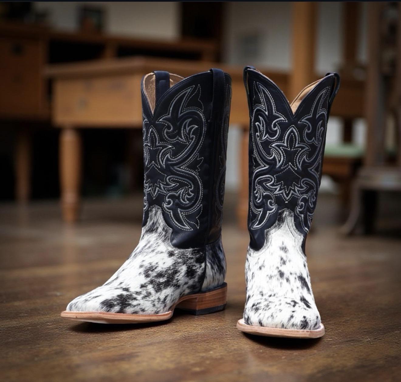“ Thunder Ridge “ | IRON SPUR ™️ MEN COWHIDE BLACK/WHITE SQUARE TOE WESTERN BOOTS