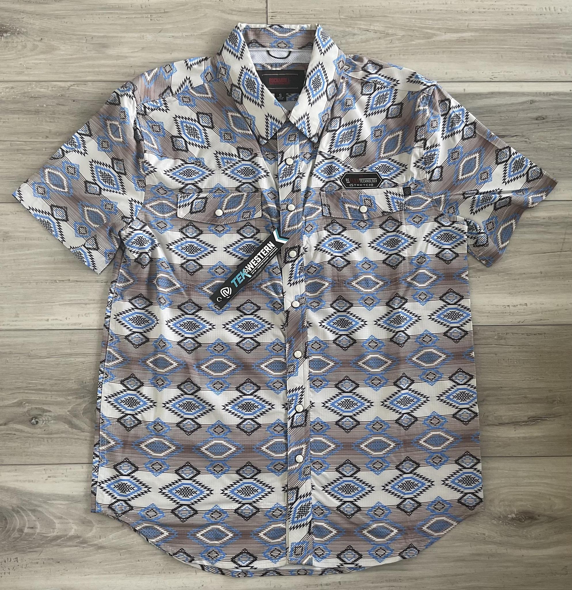 ROCK & ROLL MEN’S NATURAL AZTEC PRINTED TEK WESTERN SHORT SLEEVE SHIRT | BMN3S08389