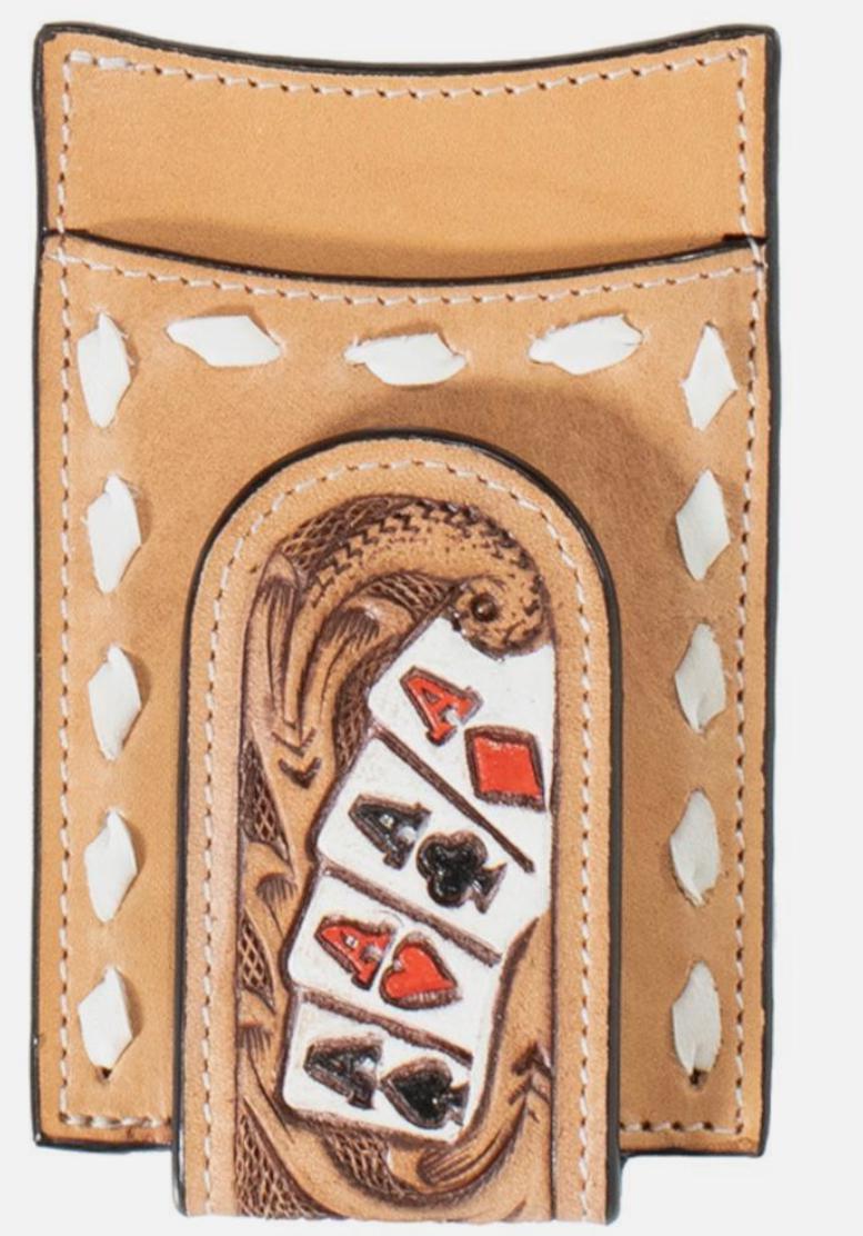 3D Western Men Money Clip Leather Buck Laced Painted Ace Cards Tooled |D250010748