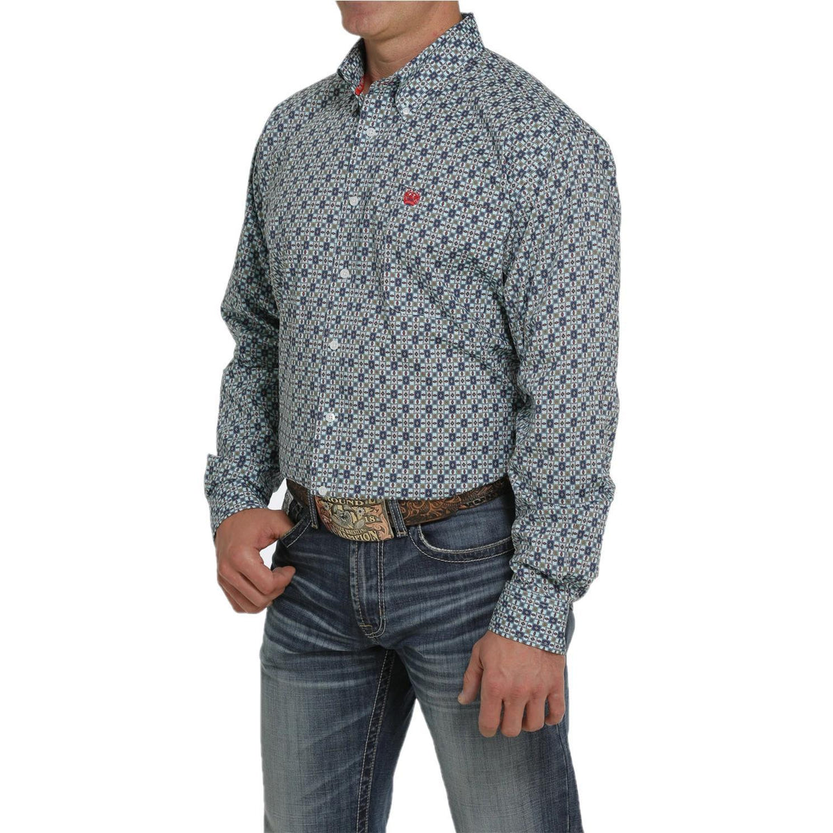 Cinch® Men’s Light Blue Geometric Printed Button Down Shirt MTW1105434