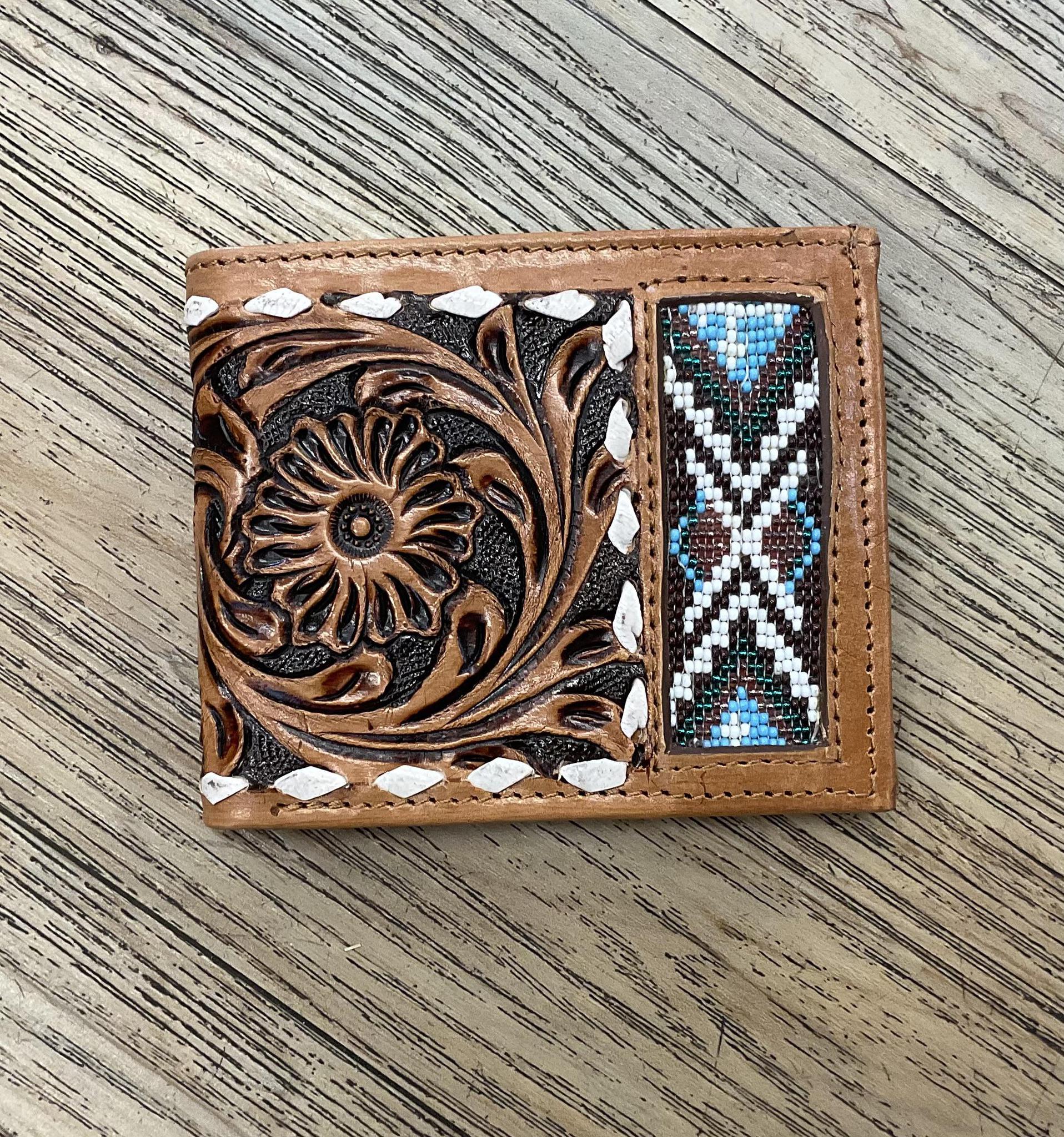 ‘’ SAMUEL  “ | IRON SPUR WESTERN CO. MEN BI FOLD WESTERN TOOLED LEATHER WALLET BEADED