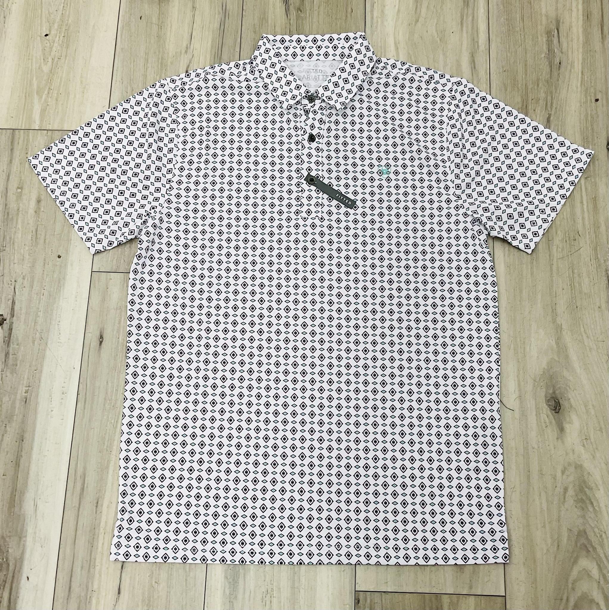 ARIAT MEN’S ALL OVER PRINT FITTED WHITE SOUTHWEST TRIANGLE POLO | 10073433