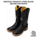 “ Wagon Boss “ | ORIGNAL PIRARUCU ( FISH ) MEN MATTE BLACK SQUARE TOE BOOTS