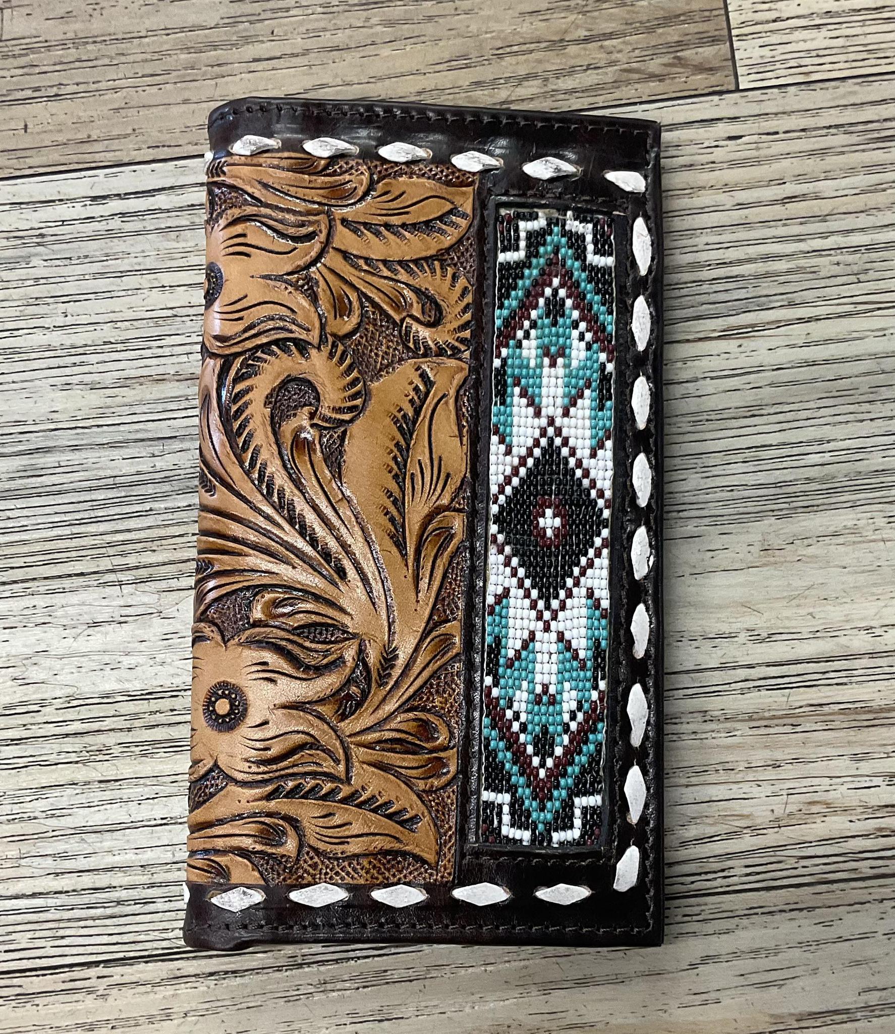“ WALTER “ | MEN BI FOLD WESTERN TOOLED LEATHER WALLET BEADED