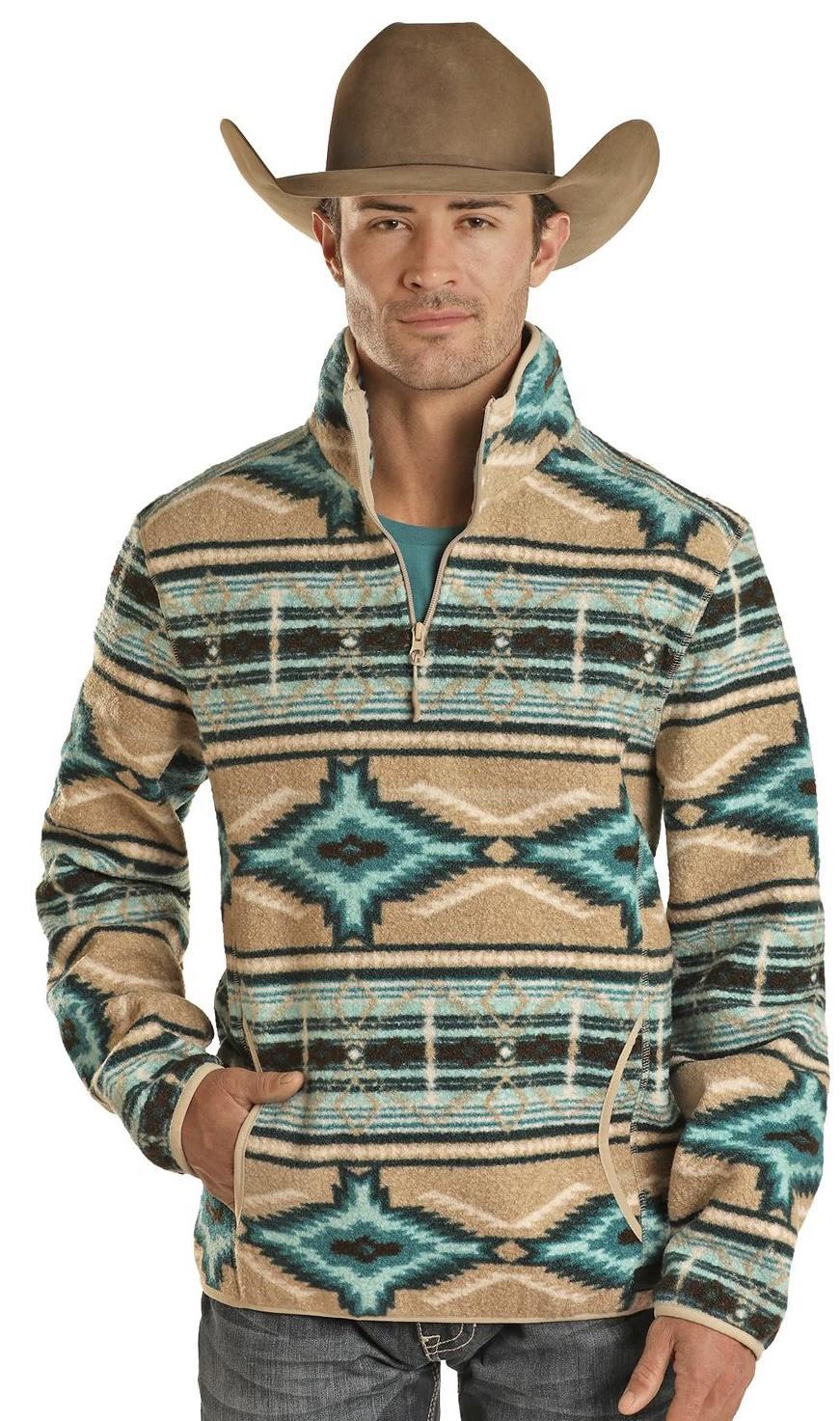 ‘’RIOS’’ Rock & Roll Cowboy Men's Aztec Berber Pullover - Turquoise | BM91C01938