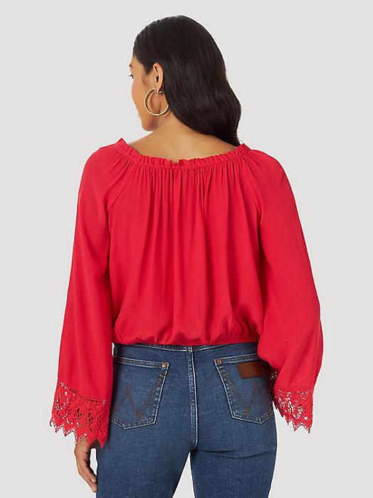WOMAN WRANGLER RETRO LONG SLEEVE CROCHET LACCE BLOUSE RED |112317555