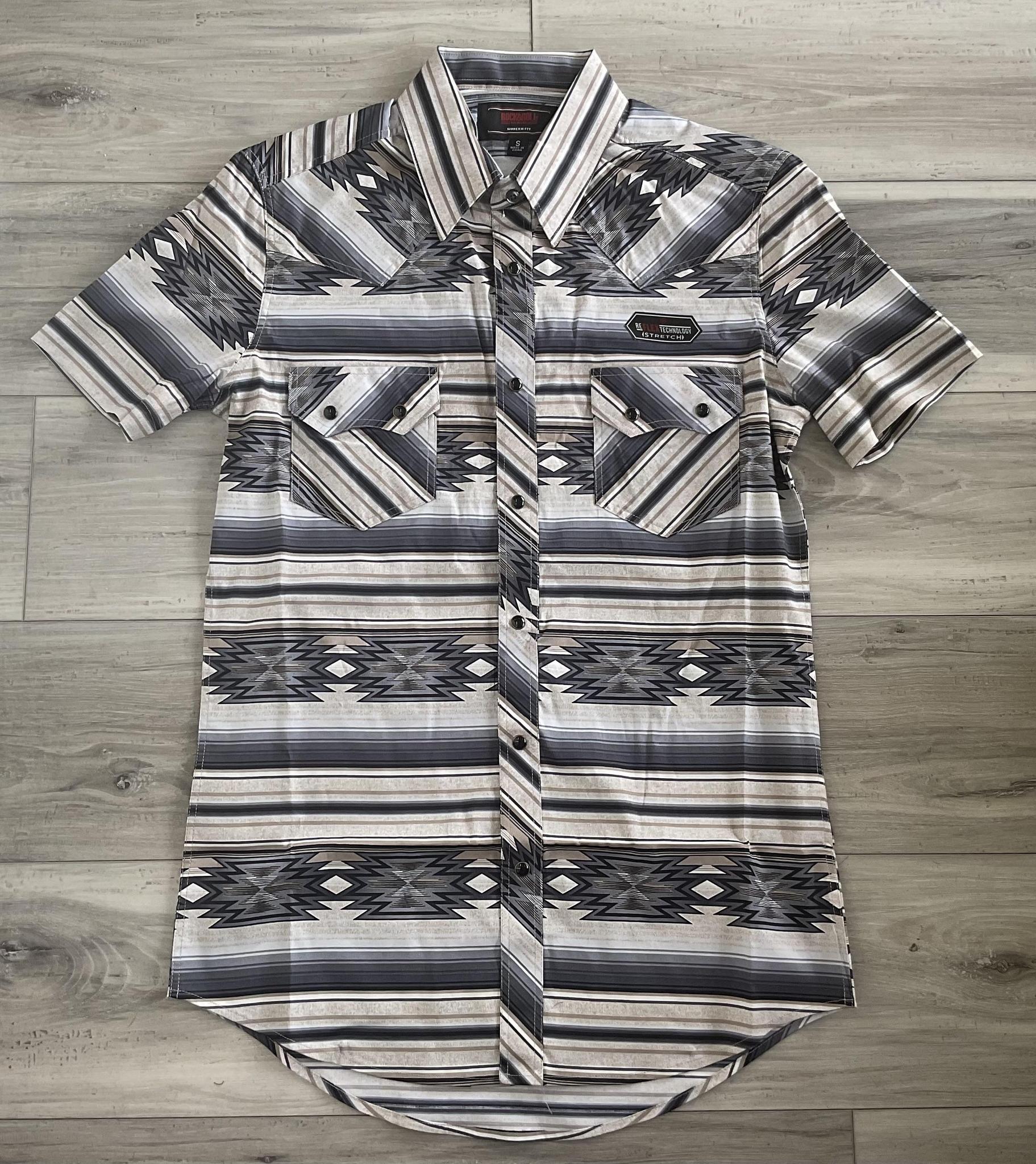 ROCK & ROLL MEN’S DARK BROWN AZTEC STRIPE PRINTED SNAP SHIRT | BMN3S08308
