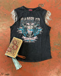 Women chain fringe graphic tank charcoal rock & roll |RRWT20R0YO