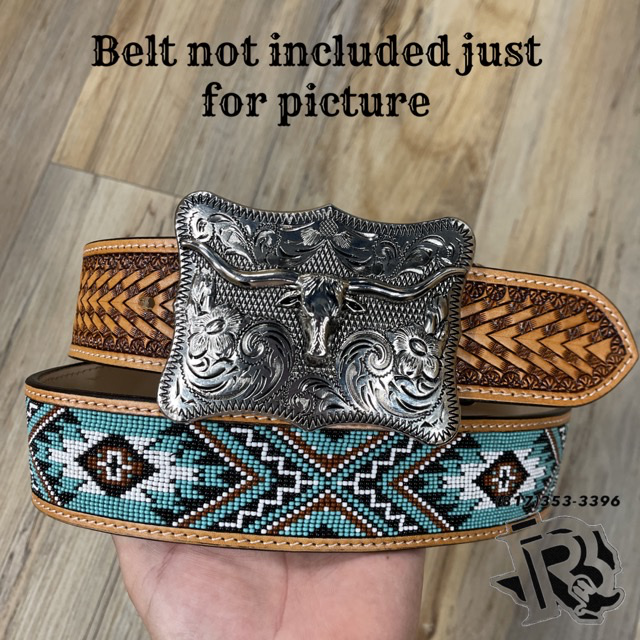 “ SILVER LONG HORN “ | WESTERN SQUARE BUCKLE TOOLED DESIGN