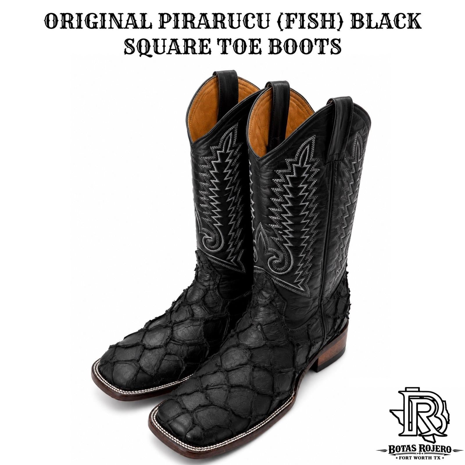 “ Felix “ | ORIGINAL PIRARUCU ( FISH ) MATTE BLACK MEN SQUARE TOE WESTERN BOOTS