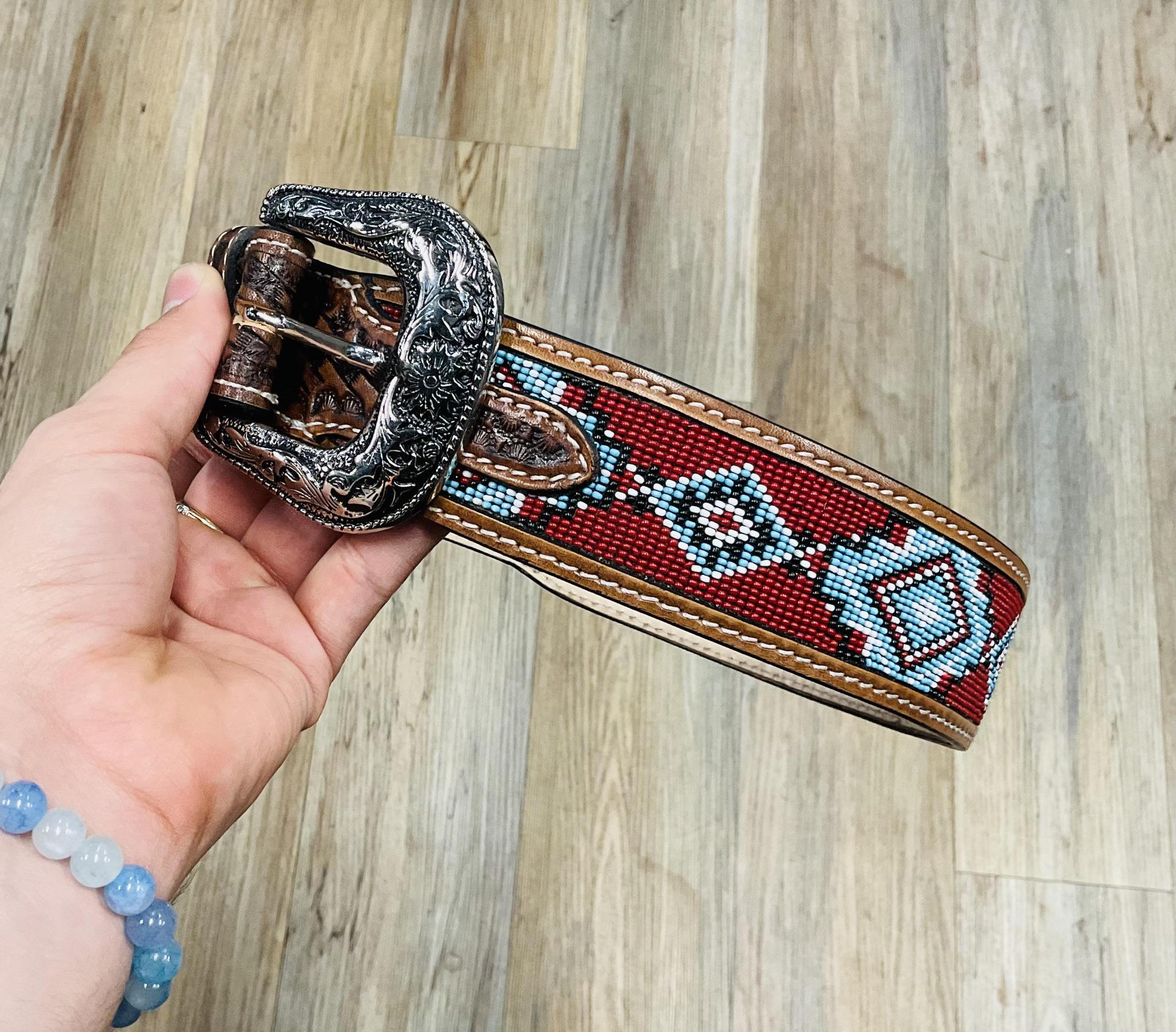 “ THOMAS”| IRON SPUR ™️ MENS WESTERN TOOLED LEATHER BELT BEADED RED