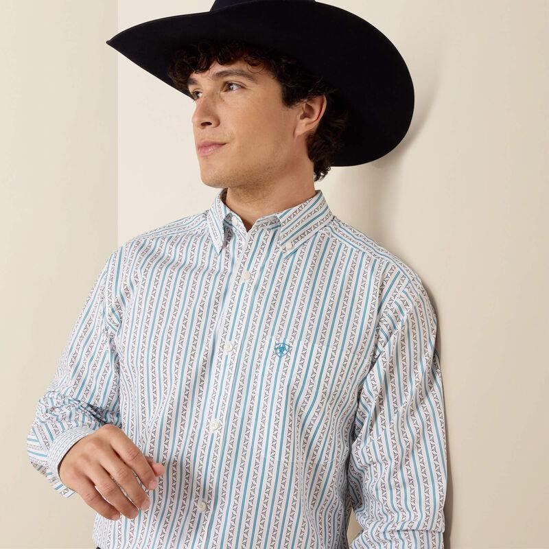 ARIAT MEN’S CROW FITTED WHITE LONGHORN STRIPE LONG SLEEVE SHIRT |10079419