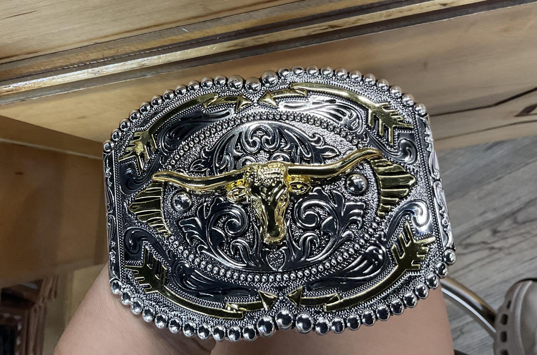 ‘’JACK ’’  RECTANGLE SILVER/GOLD LONGHORN BUCKLE