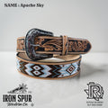 “ APACHE SKY “ | IRON SPUR BELT HANDMADE TOOLED LEATHER 1.75 INCH TAPPERED TO 1.5 INCH