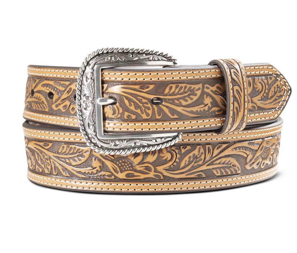 Ariat Men's Floral Tooled Double Stitch 1 1/2" Belt - Tan | A1012408