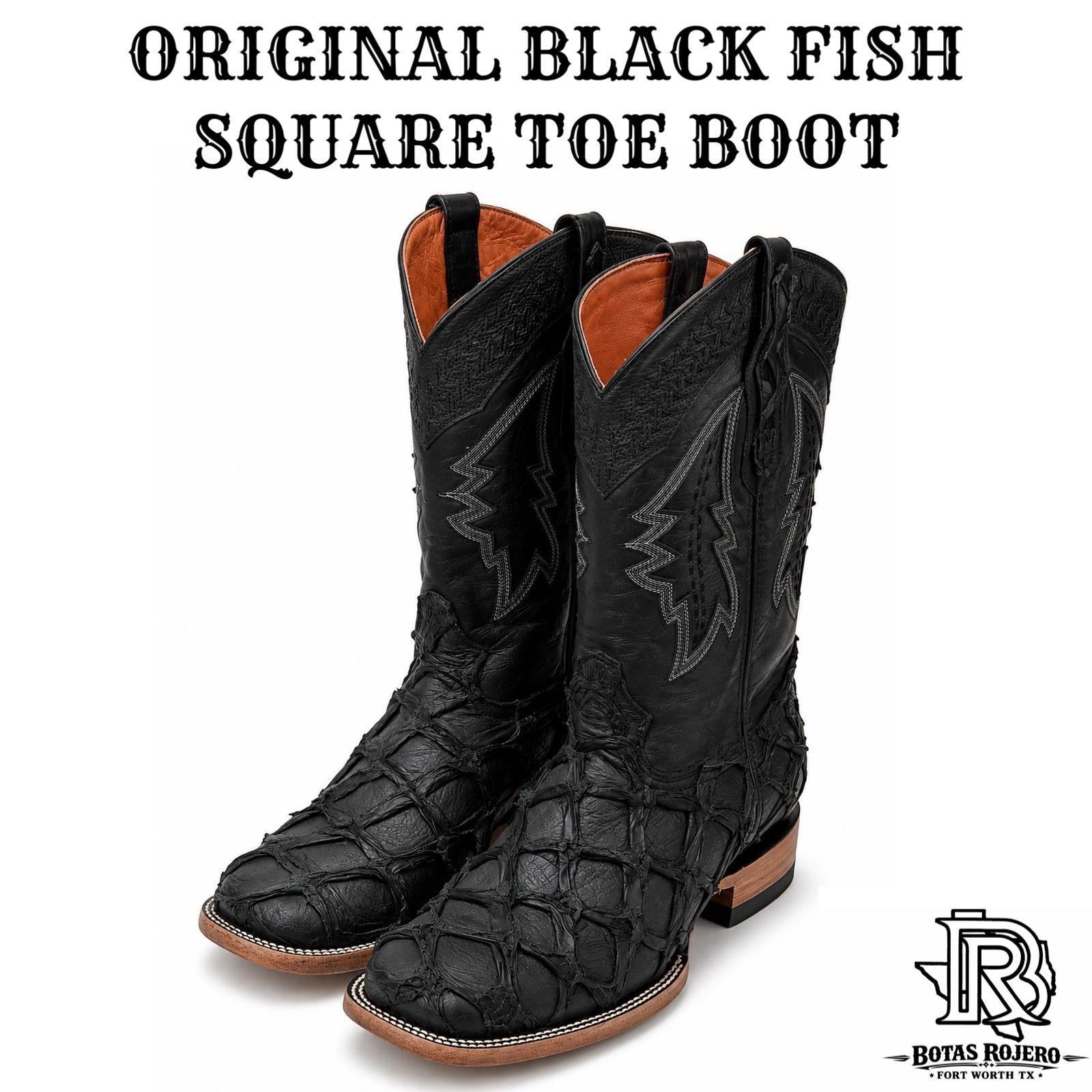 “ Buck “ | BLACK PIRARUCU ( FISH ) MEN SQUARE TOE WESTERN BOOTS