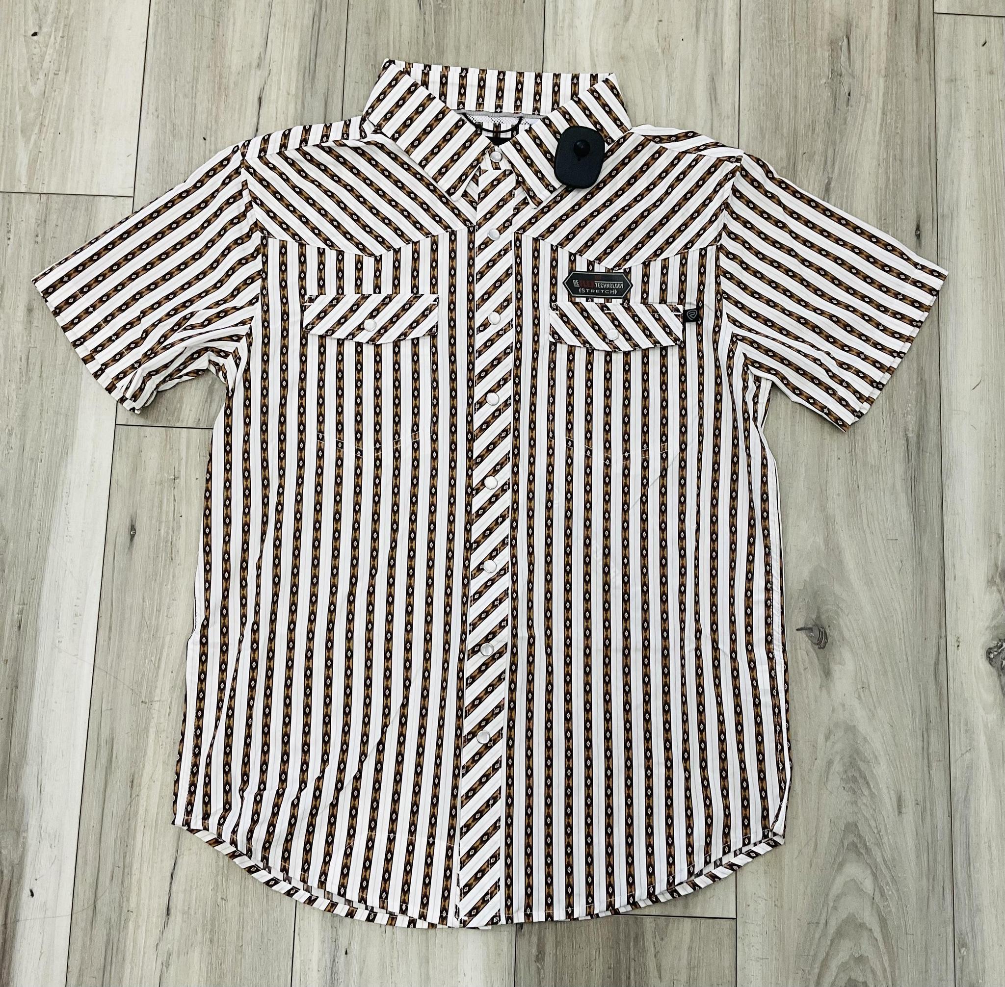 ROCK & ROLL MEN’S TEK CORE PRINT BROWN STRIP SHORT SLEEVE SHIRT |BMN3S08383