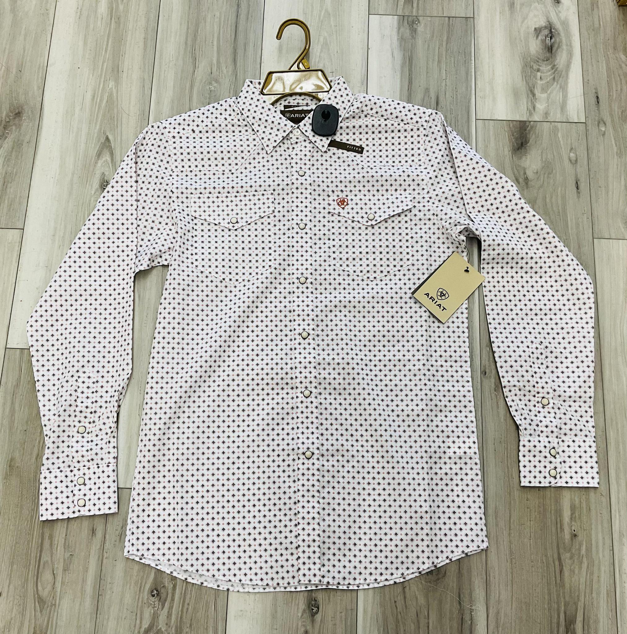 ARIAT MEN’S TONY FITTED WHITE GEO PRINT LONG SLEEVE SHIRT| 10071720