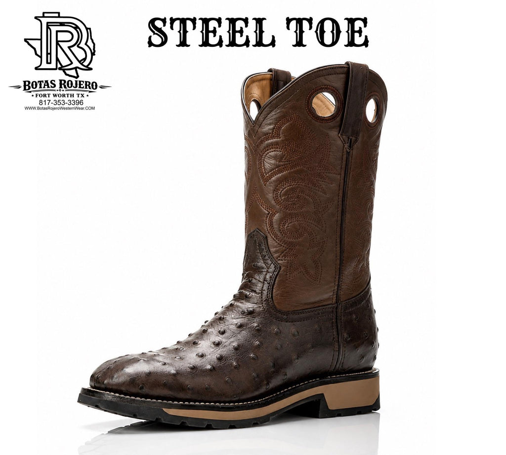 “ Ironwood “ STEEL TOE CHOCOLATE OSTRICH PRINT SQUARE TOE WESTERN WORK BOOTS