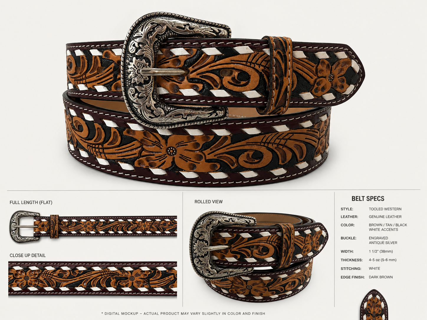 “ HIDALGO “ | IRON SPUR WESTERN MEN BELT WITH BUCK STITCH 1.75 INCH TAPPERED TO 1.5 INCH
