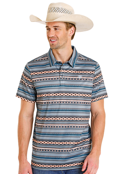 Rock & Roll Denim Teal Aztec Stripe Short Sleeve Polo| BM51T08346