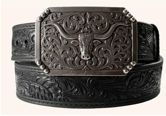3D MEN'S LONGHORN BLACK WESTERN FLORAL BELT |D100012101