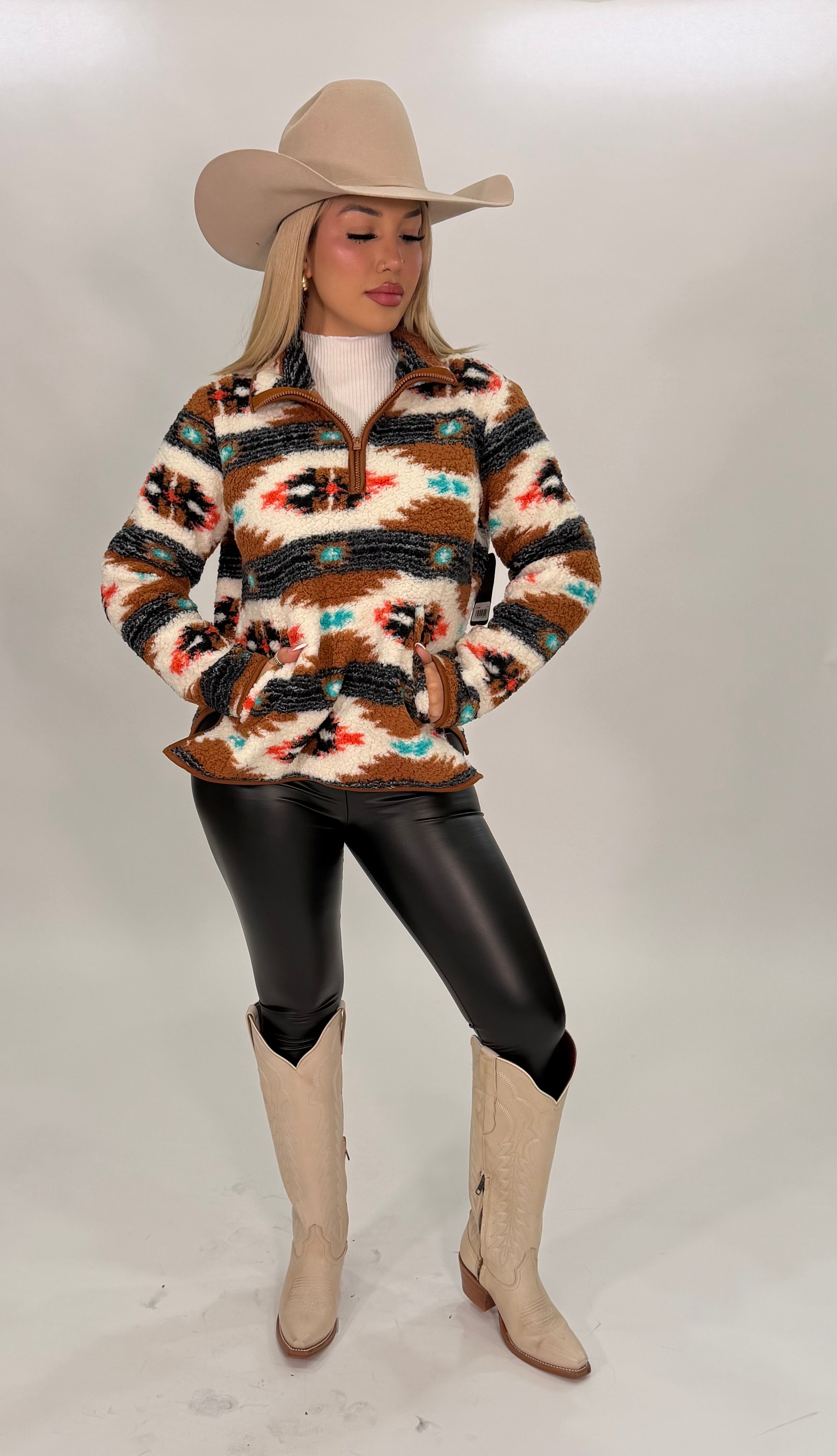 WOMEN'S WRANGLER RETRO SOUTHWESTERN PRINT QUARTER-ZIP SHERPA PULLOVER IN ARGAN OIL | 112335659